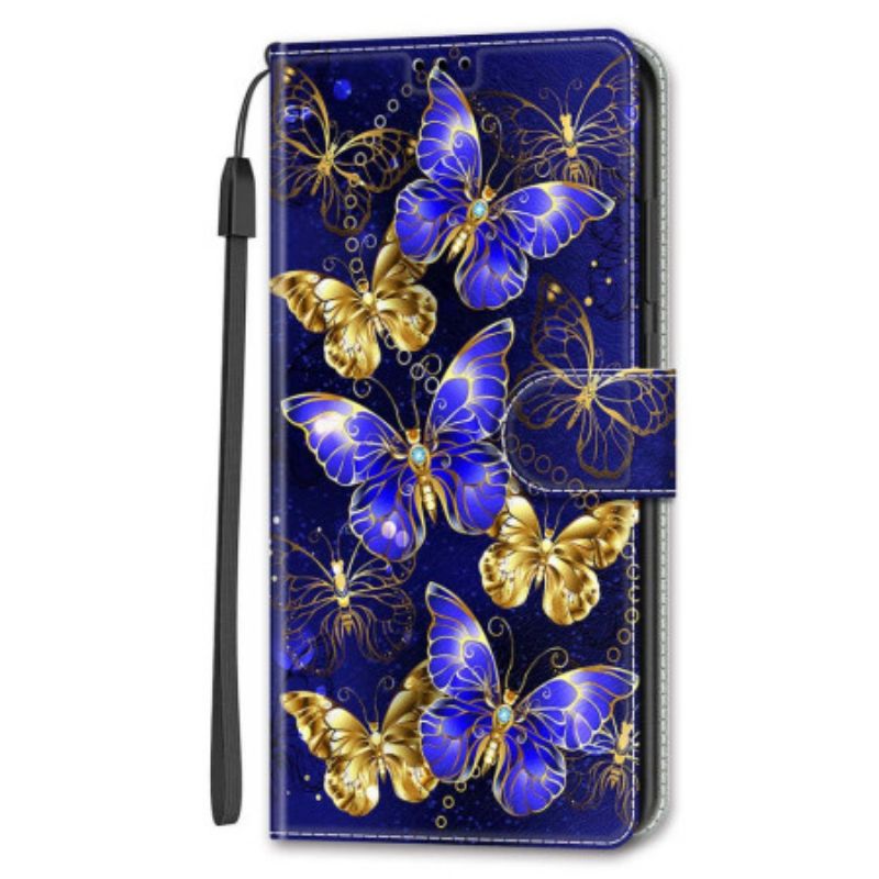 Flip Cover Til Samsung Galaxy S24 Ultra 5g Guld Og Lilla Sommerfugle Med Rem