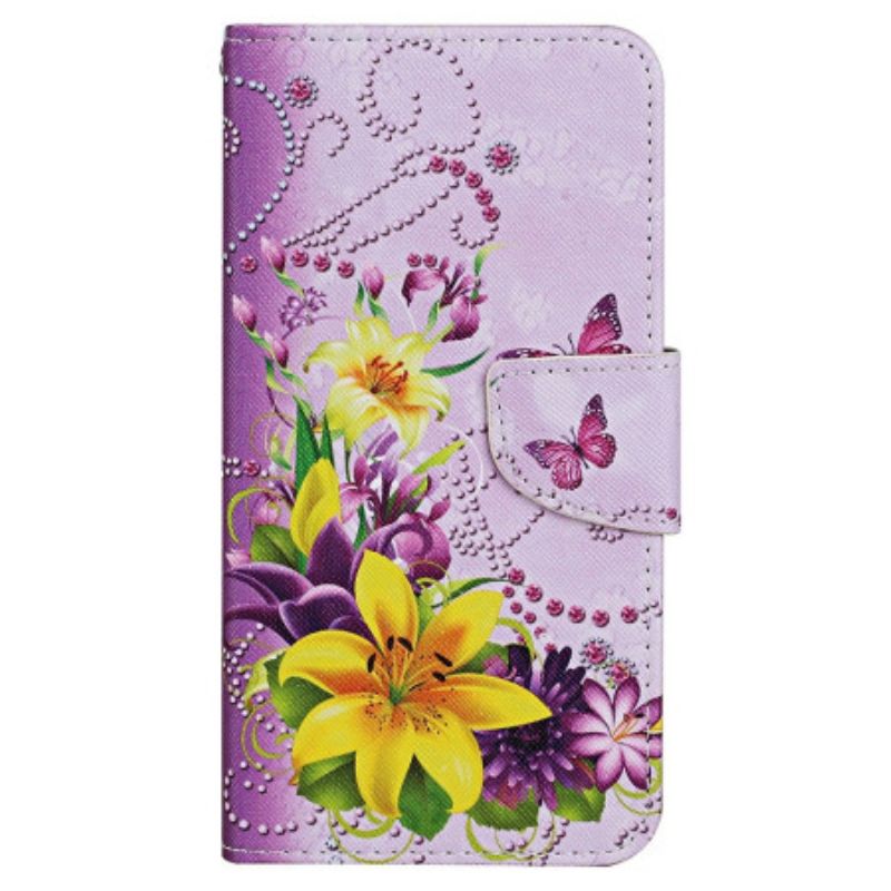 Flip Cover Til Samsung Galaxy S24 Ultra 5g Gule Blomster Og Sommerfugle Med Rem