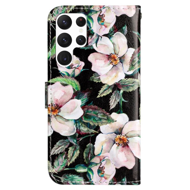 Læder Cover Samsung Galaxy S24 Ultra 5g Telefon Etui Lanière Magnolias