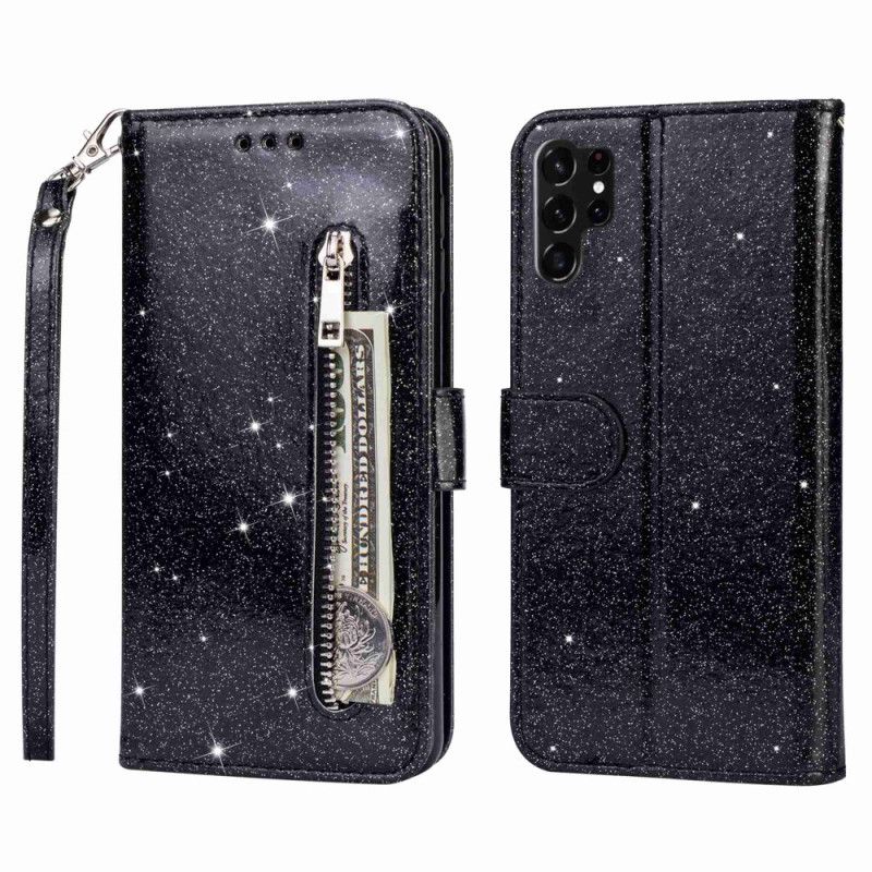 Læder Cover Samsung Galaxy S24 Ultra 5g Telefon Etui Pailletter Og Rem