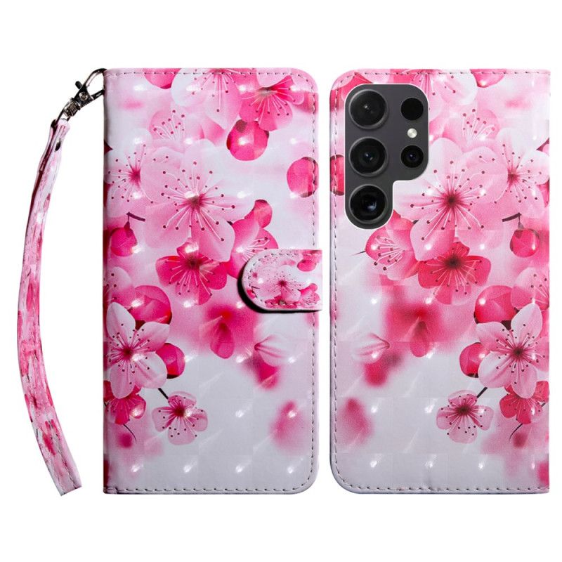 Læder Cover Samsung Galaxy S24 Ultra 5g Telefon Etui Røde Blomster Med Rem