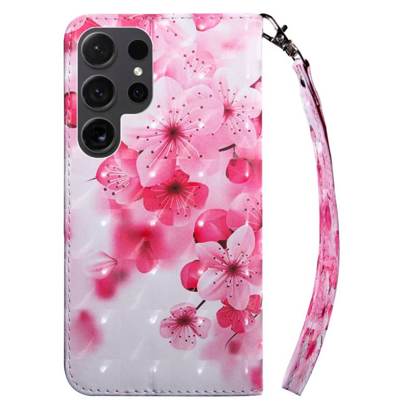 Læder Cover Samsung Galaxy S24 Ultra 5g Telefon Etui Røde Blomster Med Rem