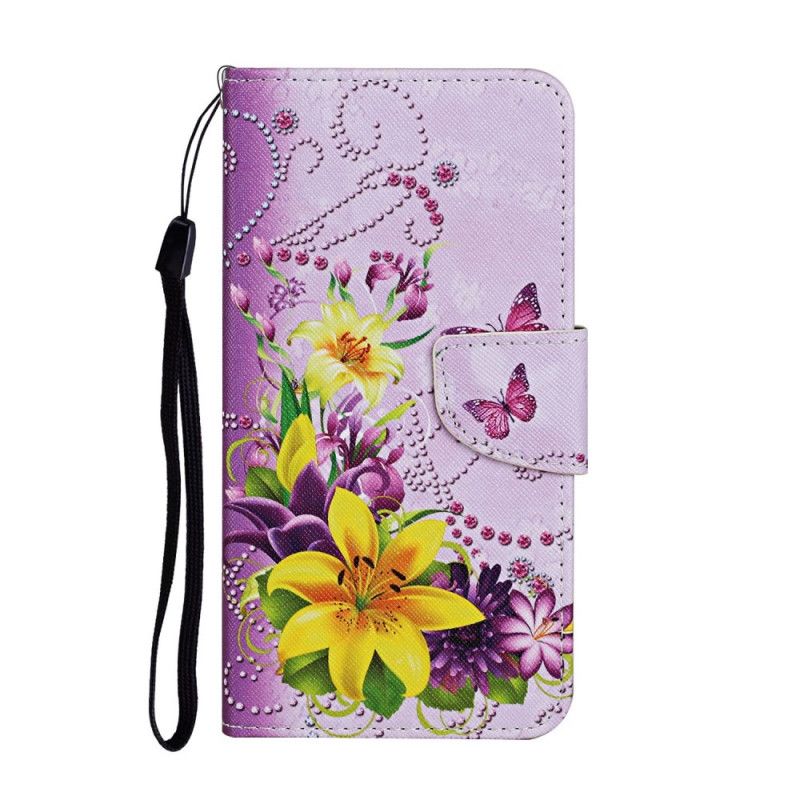 Flip Cover Læder iPhone 12 Pro Max Magenta Mesterlige Blomster Med Rem