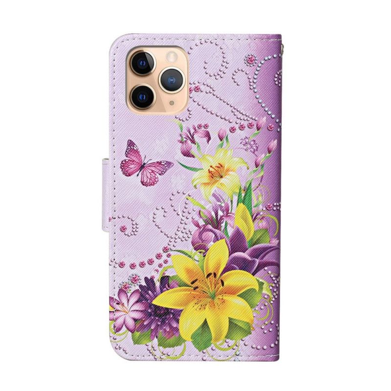 Flip Cover Læder iPhone 12 Pro Max Magenta Mesterlige Blomster Med Rem