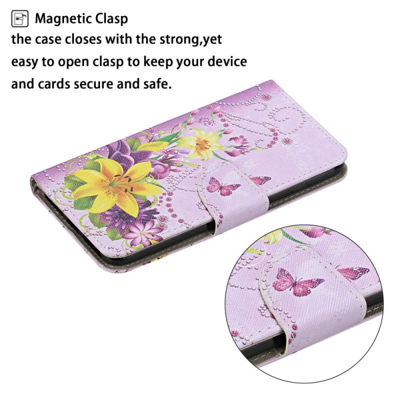 Flip Cover Læder iPhone 12 Pro Max Magenta Mesterlige Blomster Med Rem