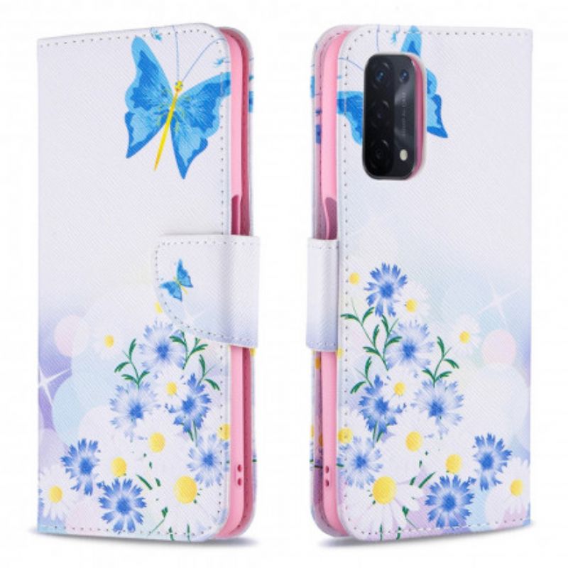 Flip Cover Oppo A54 5g / A74 5g Malede Sommerfugle Og Blomster