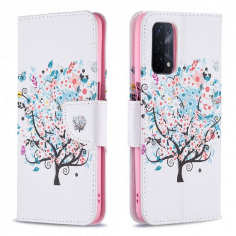 Læder Cover Oppo A54 5g / A74 5g Telefon Etui Blomstret Træ