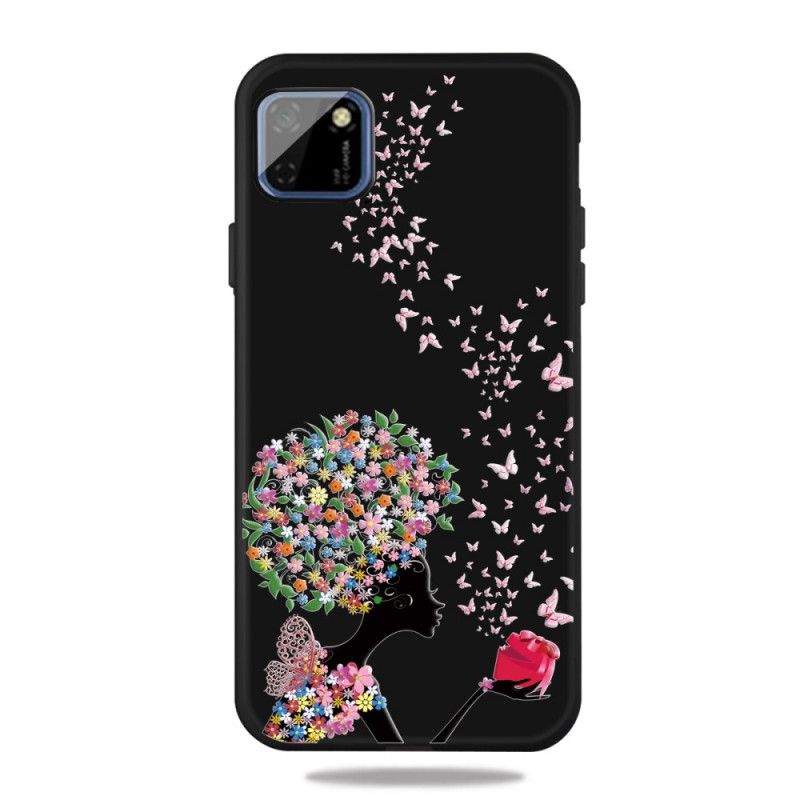 Cover for Huawei Y5p Kvinde Med Et Blomstret Hoved