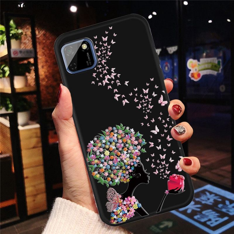 Cover for Huawei Y5p Kvinde Med Et Blomstret Hoved