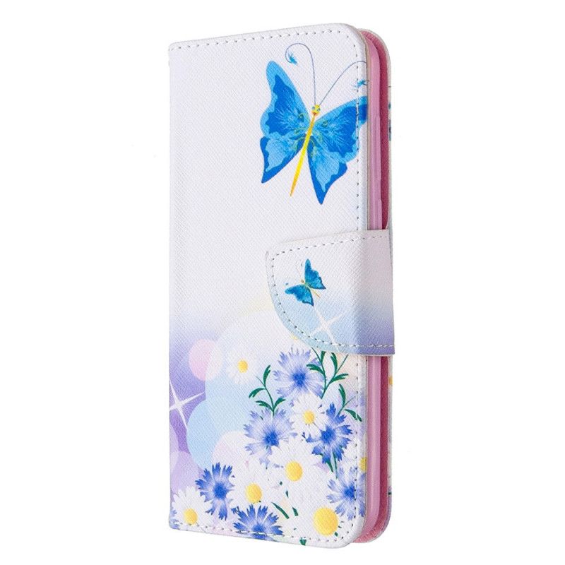 Flip Cover Læder Huawei Y5p Magenta Malede Sommerfugle Og Blomster