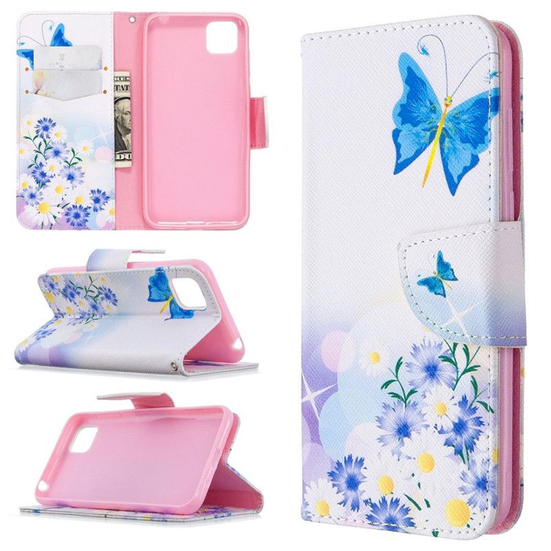 Flip Cover Læder Huawei Y5p Magenta Malede Sommerfugle Og Blomster