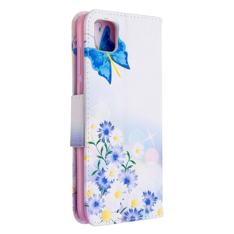 Flip Cover Læder Huawei Y5p Magenta Malede Sommerfugle Og Blomster