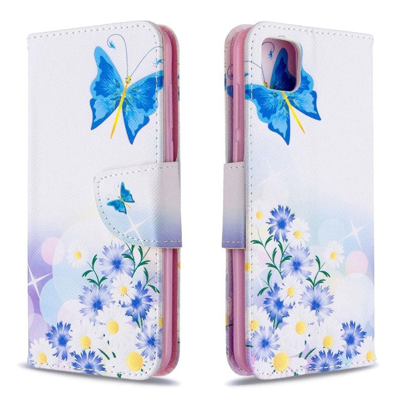 Flip Cover Læder Huawei Y5p Magenta Malede Sommerfugle Og Blomster