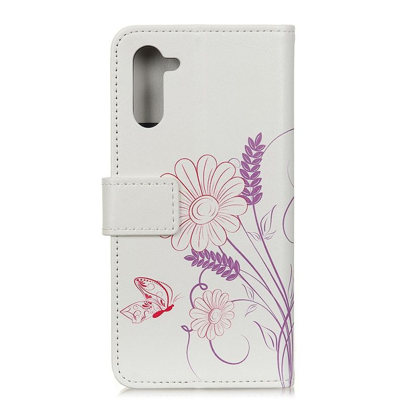 Flip Cover Læder for OnePlus Nord Tegning Af Sommerfugle Og Blomster