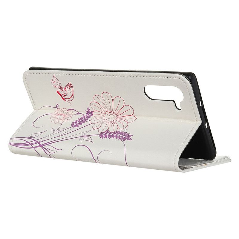 Flip Cover Læder for OnePlus Nord Tegning Af Sommerfugle Og Blomster