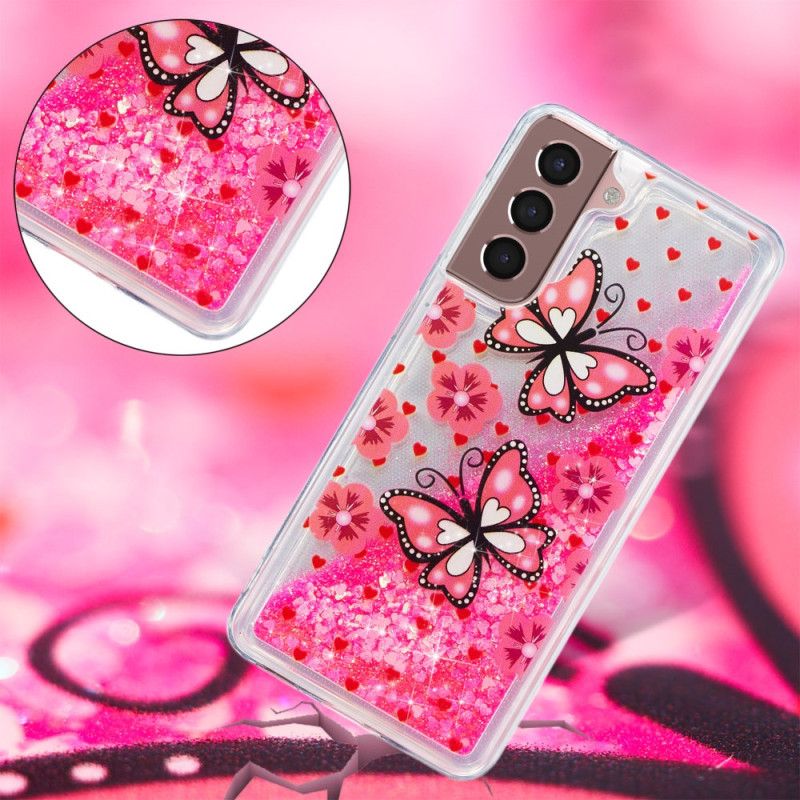 Cover Samsung Galaxy S24 Plus 5g Røde Sommerfugle Flydende Glitter