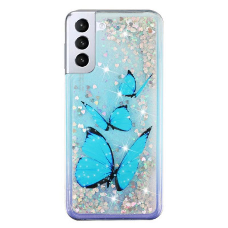 Cover Samsung Galaxy S24 Plus 5g Telefon Etui Blå Sommerfugle Flydende Glitter