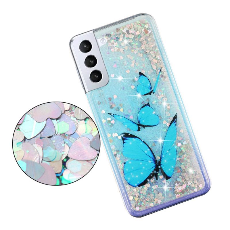 Cover Samsung Galaxy S24 Plus 5g Telefon Etui Blå Sommerfugle Flydende Glitter