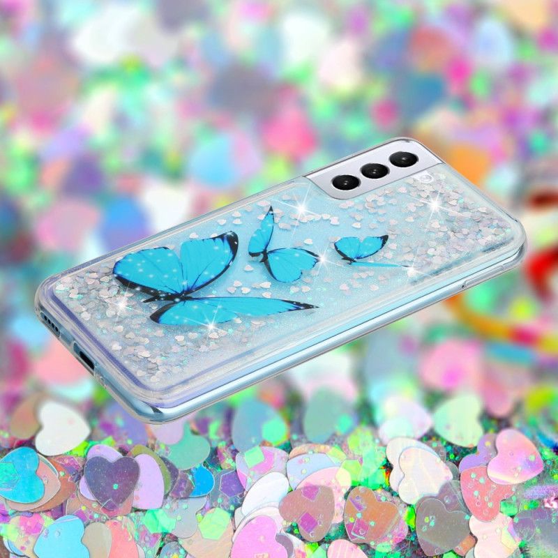 Cover Samsung Galaxy S24 Plus 5g Telefon Etui Blå Sommerfugle Flydende Glitter