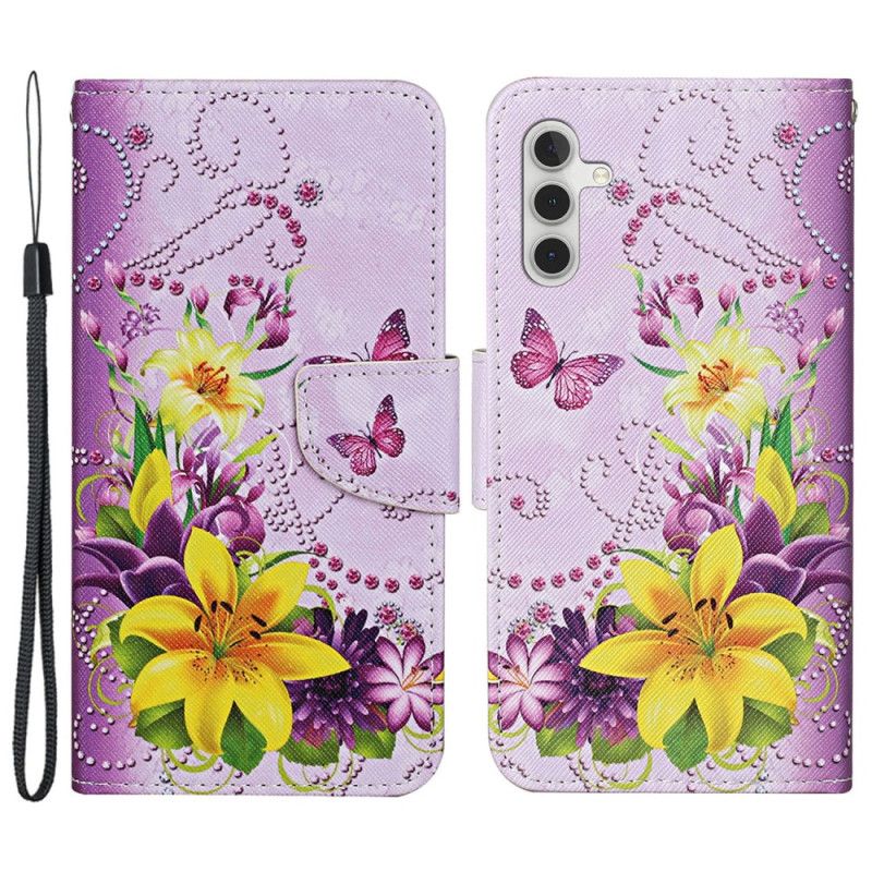 Flip Cover Samsung Galaxy S24 Plus 5g Gule Blomster Og Sommerfugle I Lanière