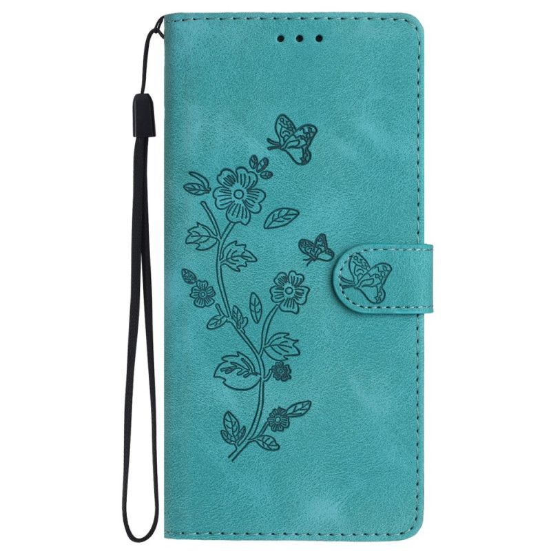 Flip Cover Til Samsung Galaxy S24 Plus 5g Trykte Blomster Og Snor