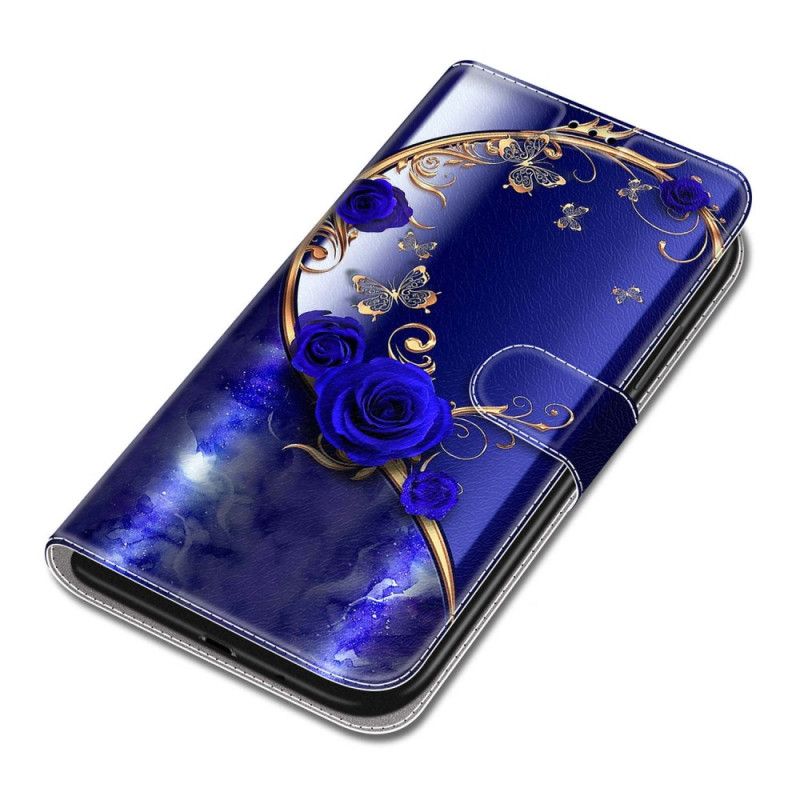 Læder Cover Samsung Galaxy S24 Plus 5g Blå Rose Og Guld Sommerfugle Med Rem