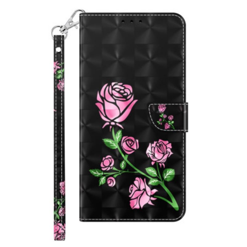 Læder Cover Samsung Galaxy S24 Plus 5g Telefon Etui Lyserøde Blomster Med Rem