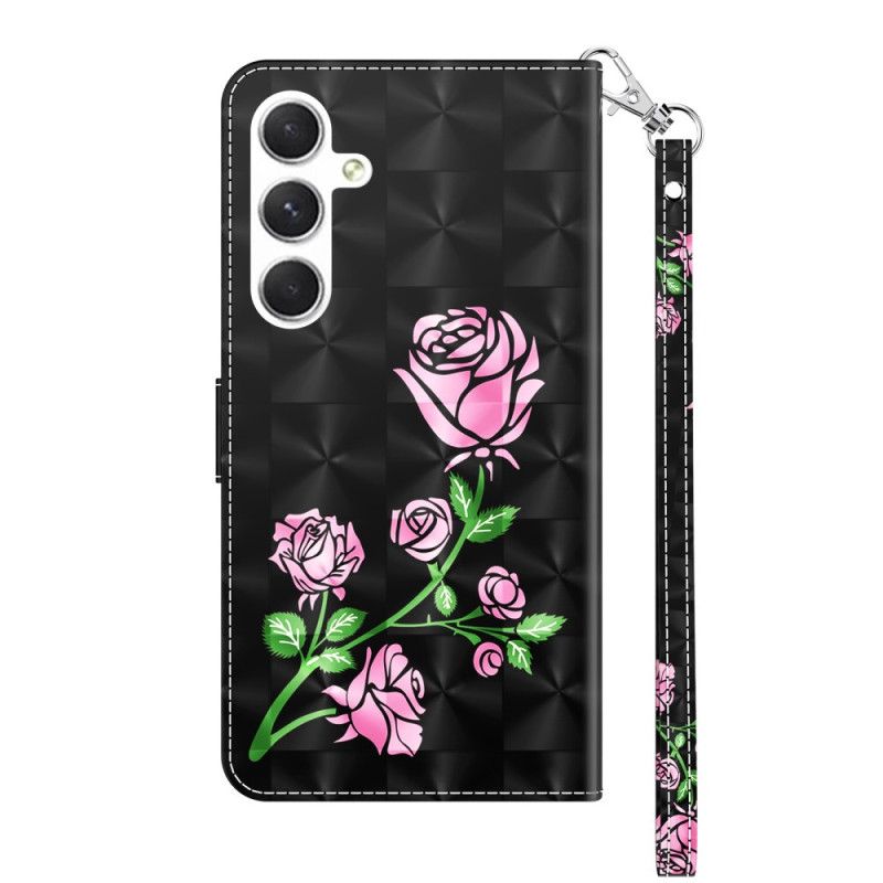 Læder Cover Samsung Galaxy S24 Plus 5g Telefon Etui Lyserøde Blomster Med Rem