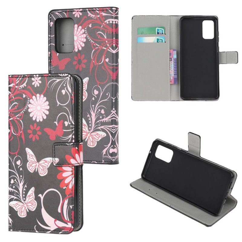 Flip Cover Læder for Samsung Galaxy S20 Sort Sommerfugle Og Blomster