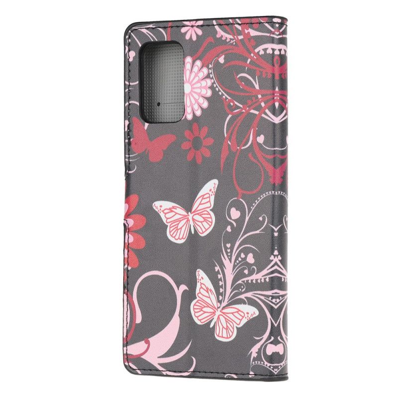 Flip Cover Læder for Samsung Galaxy S20 Sort Sommerfugle Og Blomster