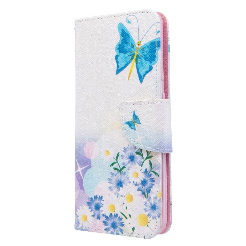 Flip Cover Læder Samsung Galaxy S20 Magenta Malede Sommerfugle Og Blomster Original