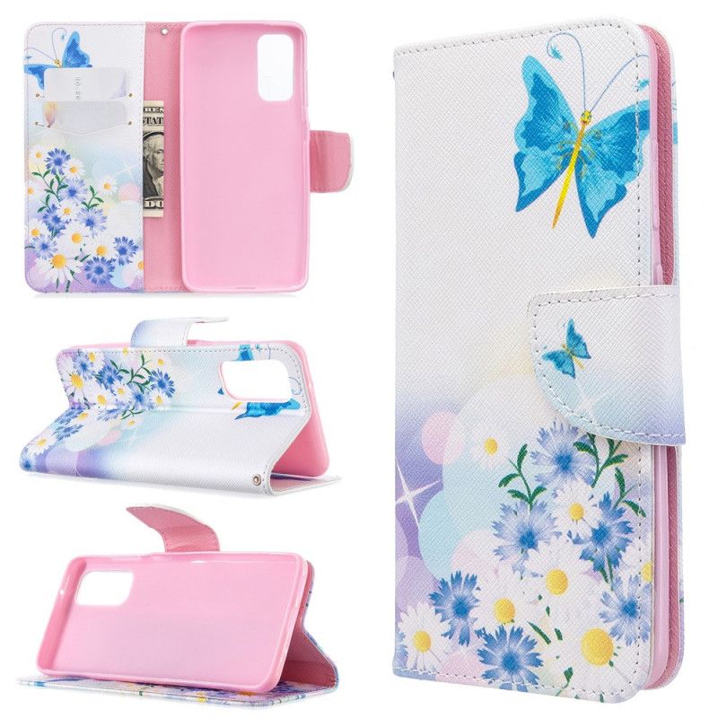 Flip Cover Læder Samsung Galaxy S20 Magenta Malede Sommerfugle Og Blomster Original