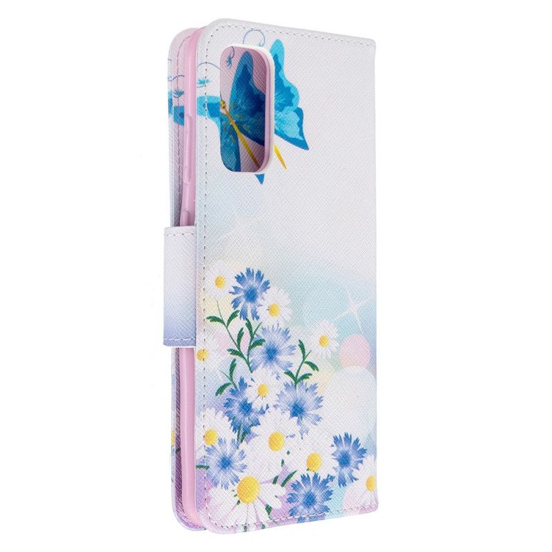 Flip Cover Læder Samsung Galaxy S20 Magenta Malede Sommerfugle Og Blomster Original