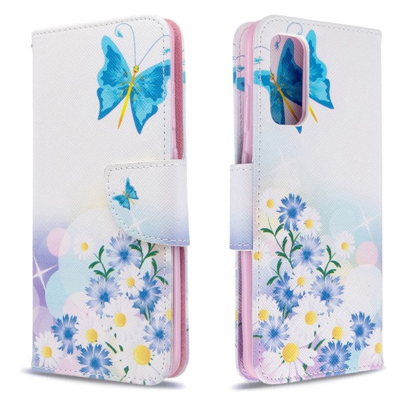 Flip Cover Læder Samsung Galaxy S20 Magenta Malede Sommerfugle Og Blomster Original