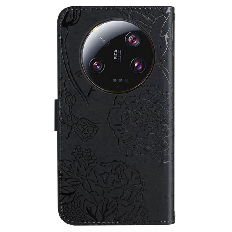 Læder Cover Xiaomi 14 Ultra Telefon Etui Sommerfuglemønster Med Rem