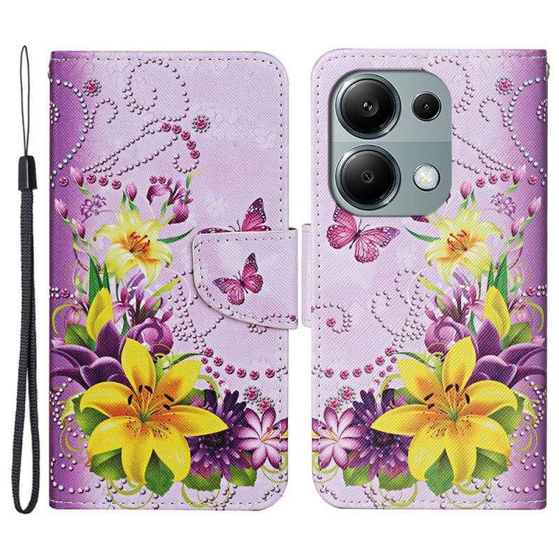 Flip Cover Xiaomi Redmi Note 13 Pro 4g Gule Blomster Og Sommerfugle Med Rem