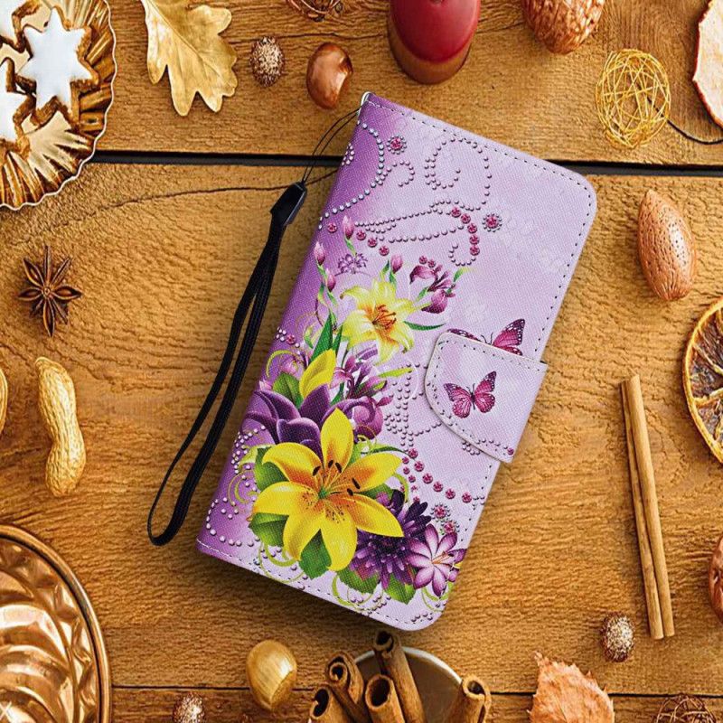 Flip Cover Xiaomi Redmi Note 13 Pro 4g Gule Blomster Og Sommerfugle Med Rem