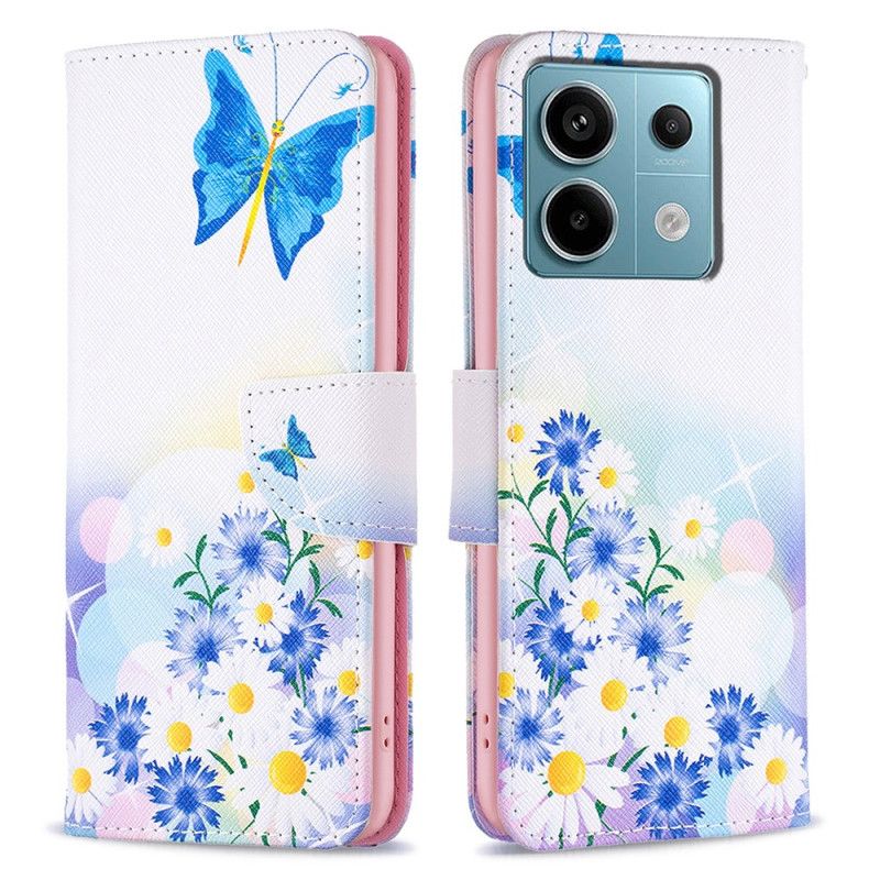 Læder Cover Xiaomi Redmi Note 13 Pro 4g Sommerfugl Og Blomster Akvarel