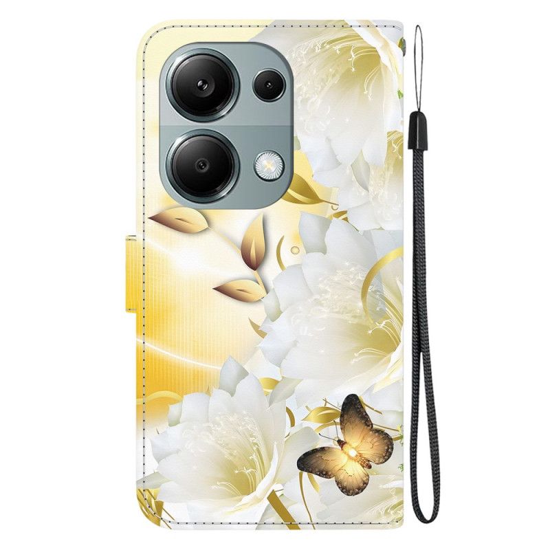 Læder Cover Xiaomi Redmi Note 13 Pro 4g Telefon Etui Gyldne Sommerfugle Og Hvide Blomster Med Rem