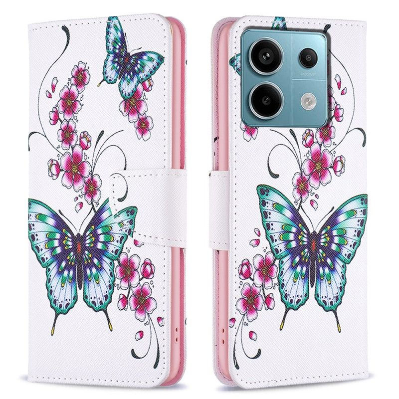 Læder Cover Xiaomi Redmi Note 13 Pro 4g Telefon Etui Sommerfugleflyvning På Hvid Baggrund