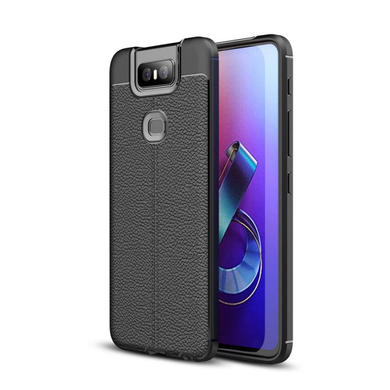 Cover Asus ZenFone 6 Sort Dobbelt Line Lychee Læder Effekt