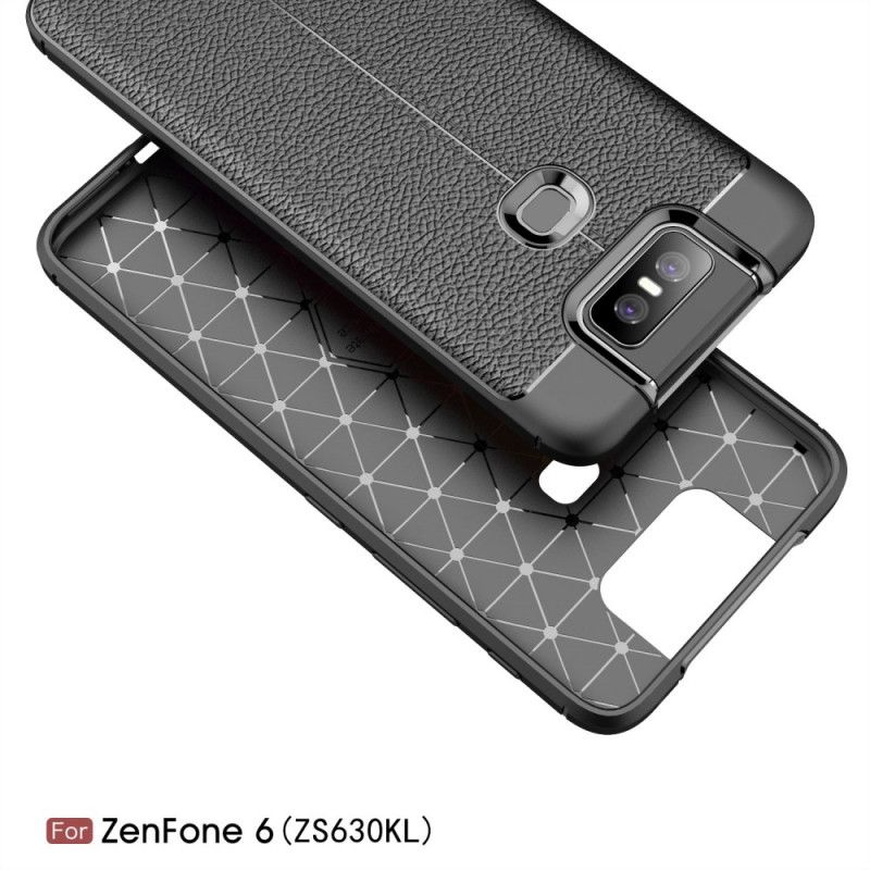 Cover Asus ZenFone 6 Sort Dobbelt Line Lychee Læder Effekt