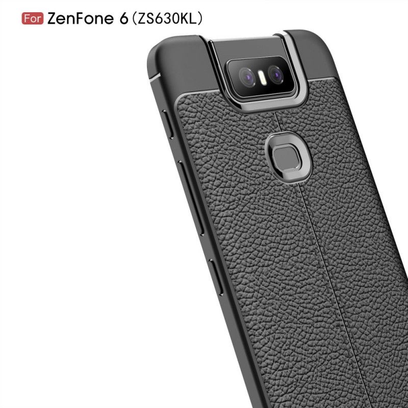 Cover Asus ZenFone 6 Sort Dobbelt Line Lychee Læder Effekt