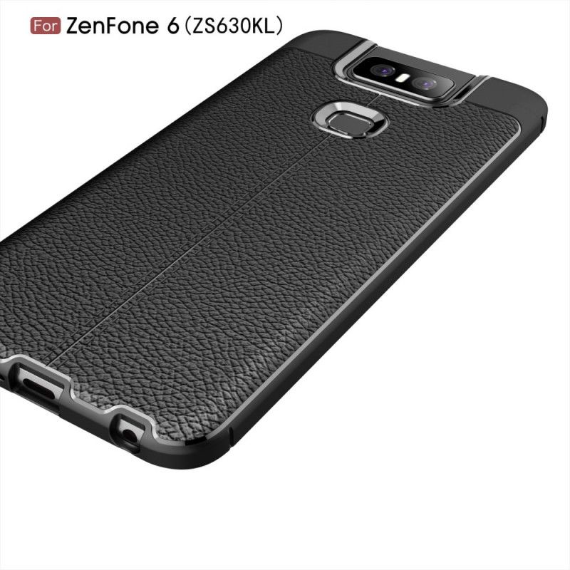 Cover Asus ZenFone 6 Sort Dobbelt Line Lychee Læder Effekt