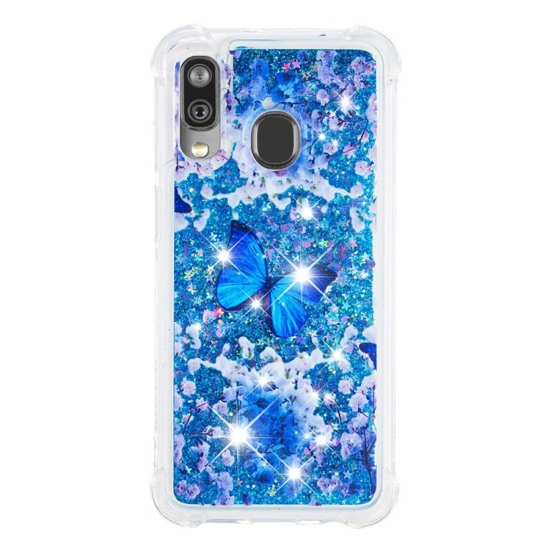 Cover Samsung Galaxy A40 Blå Glitter Sommerfugle