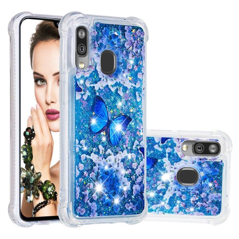 Cover Samsung Galaxy A40 Blå Glitter Sommerfugle