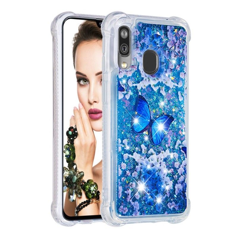 Cover Samsung Galaxy A40 Blå Glitter Sommerfugle