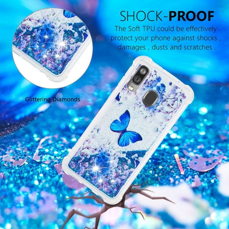 Cover Samsung Galaxy A40 Blå Glitter Sommerfugle