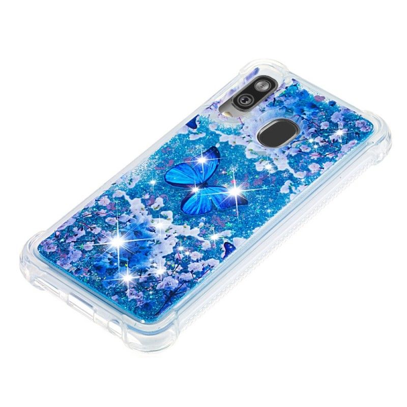 Cover Samsung Galaxy A40 Blå Glitter Sommerfugle