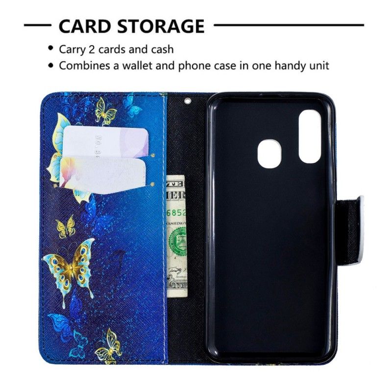 Flip Cover Læder Samsung Galaxy A40 Gyldne Sommerfugle